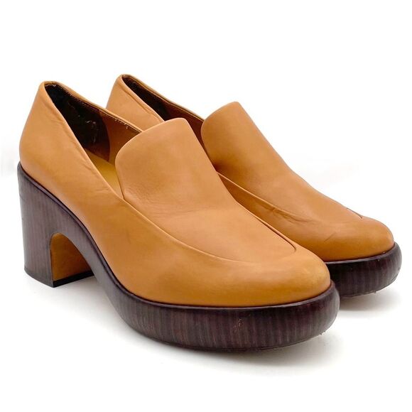 Vince Narissa High Heel Platform Clog Loafers in Cognac Tan Leather Size 8.5 - Picture 3 of 16